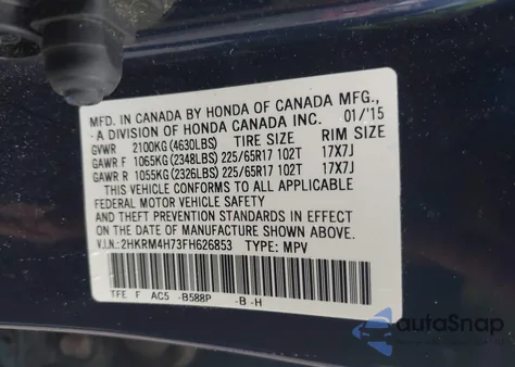 2015 Honda Cr-V Ex-L z USA, uszkodzony, nr VIN 2HKRM4H73FH626853